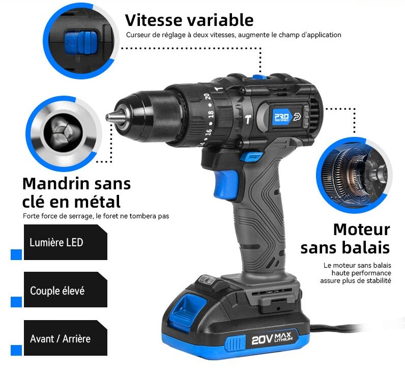 Perceuse à percussion sans balai 60NM - Tournevis électrique sans fil 3 fonctions 20V