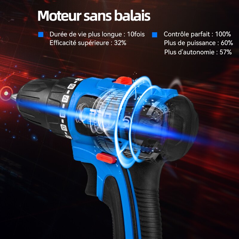 Perceuse sans balai 20V/21V 40NM/45NM avec batterie au lithium