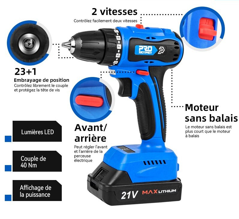 Perceuse sans balai 20V/21V 40NM/45NM avec batterie au lithium