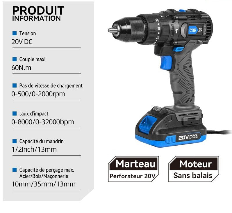 Perceuse à percussion sans balai 60NM - Tournevis électrique sans fil 3 fonctions 20V